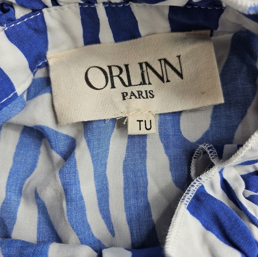 Orlinn Paris Blue and White Zebra pattern Blouse Ruffle Neck & Cuffs - Picture 4 of 12